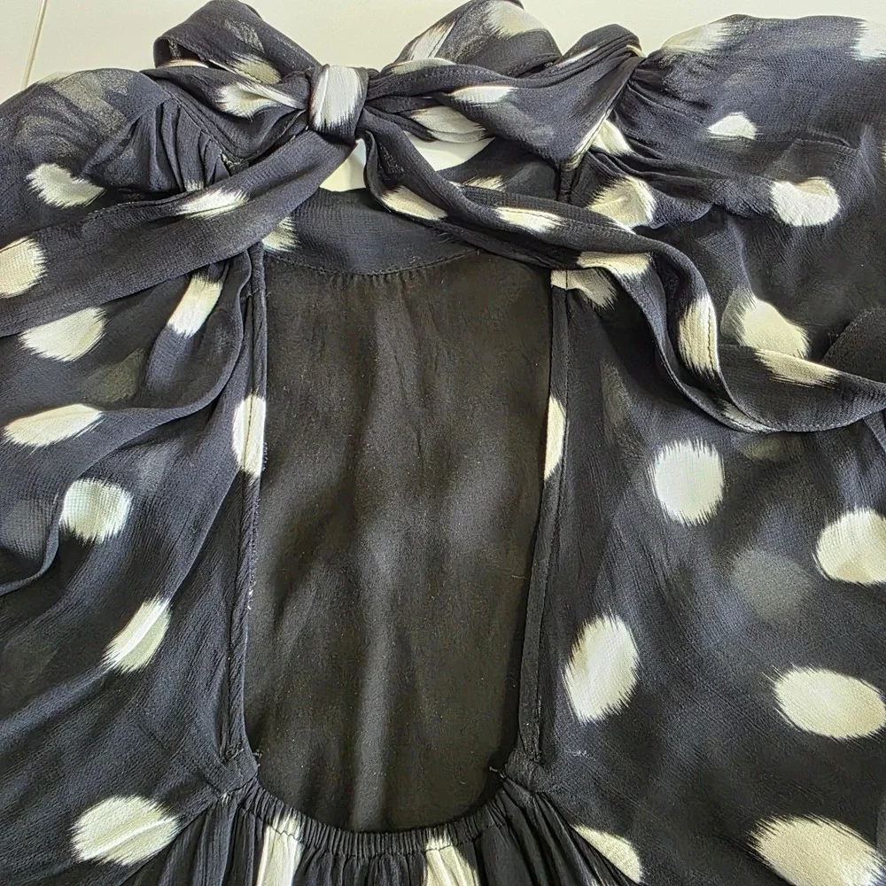 Maeve by Anthropologie Polka‎ Dot Bow Neck Sheer Midi Dress Black White X-Small